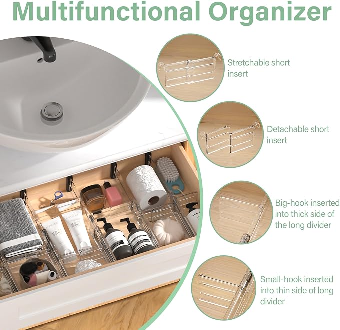 Adjustable Drawer Dividers With Inserts, 4'' High Expandable Drawer Organizers for Clothes, 5 Pack 12.6-22.8'' Long Dividers with 3.9-7.1'' Inserts, Drawer Separators for Socks/Tools