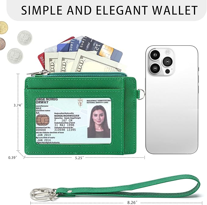 SEAVILIA Small Wallet for Women Slim Wristlet Keychain Wallets RFID Credit Card Holder With Zipper Pocket, ID Window (Green)
