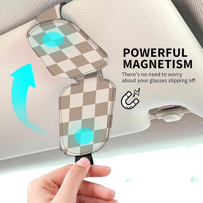 Leather Magnetic Sunglass Holder for Car Sun Visor, Cute Eyeglass Ticket Card Hanger Clip, Universal Auto Interior Accessories for SUV Pickup Truck Light Brown Checker