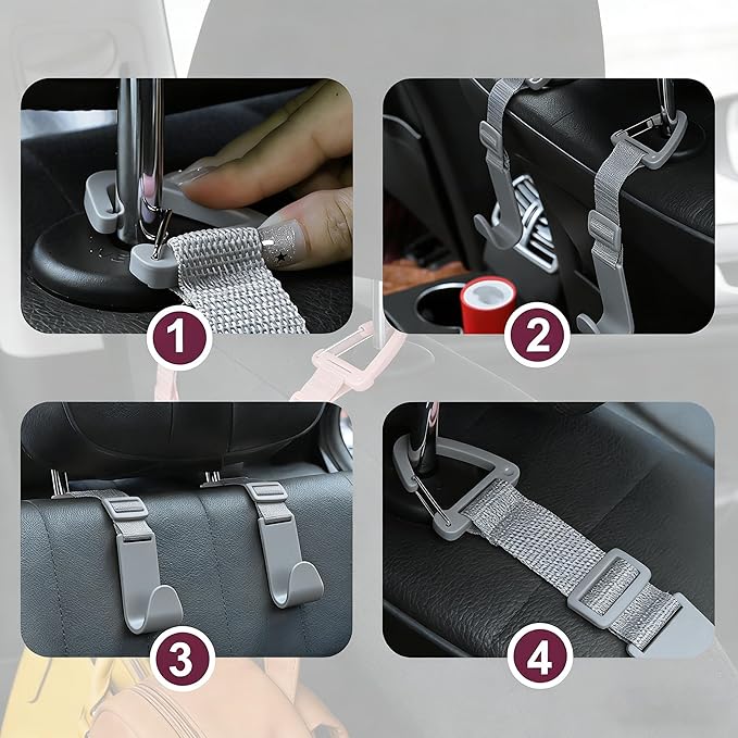 Adjustable 4-Pack Car Headrest Hooks - Universal Seat Back Organizer with Heavy-Duty Clip for Purses, Bags & Groceries Gray