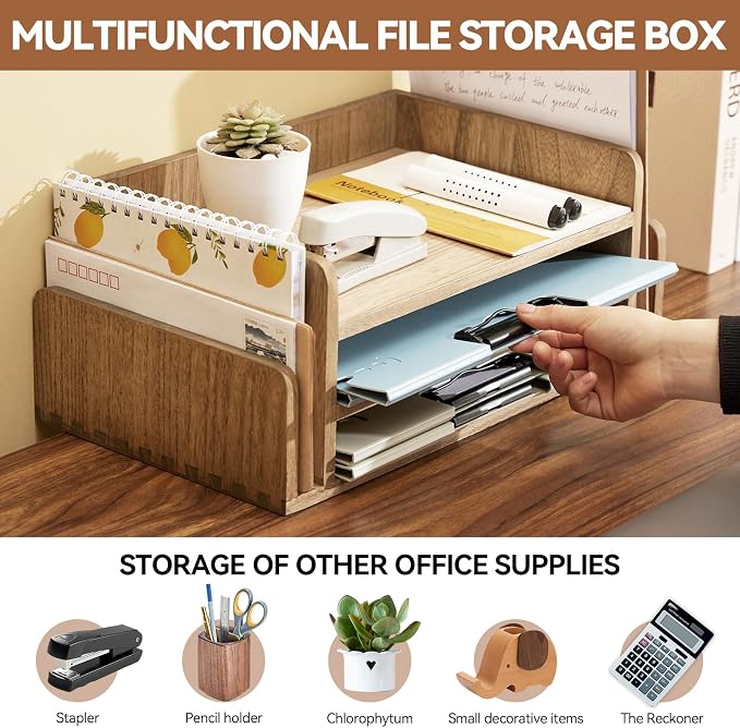 KIRIGEN Wood Desk Organizer 5 Trays, 3-Tier Desktop Document Letter Tray with Side Slots, Fully Assembled Mail Sorter and File Folder Holder for Home Office, Brown 2TP-DBR