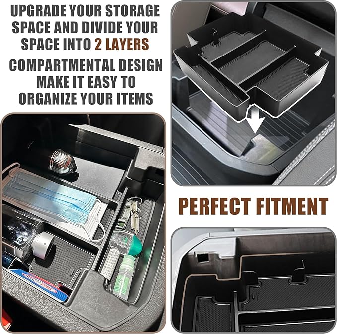 Muslogy for 2021-2024 2025 2026 Sliding Console Yukon Tahoe Suburban Center Organizer Armrest Storage Tray Compatible with GMC Yukon Chevy Tahoe Suburban Fit for Power Sliding Console (Black)