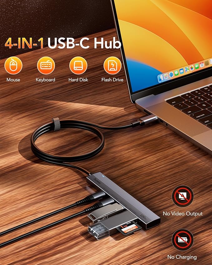 Aceele USB C Hub 10Gbps, 4 Port USB 3.2 Gen 2 Hub, USBC to USB-C Hub with 60cm/2ft Long Extension Cable, USBC Adapter Data Hub for MacBook Pro, MacBook, Samsung Chromebook and More