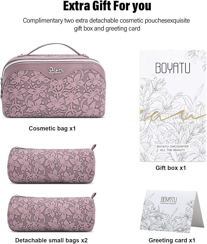 BOYATU Travel Makeup Bag Cosmetic Bags for Women: Large Capacity 3 Pcs Set Make up Bag with Compartments - Waterproof Vegan Leather Toiletry Organizer Bags with Handle (Z-64Purple)