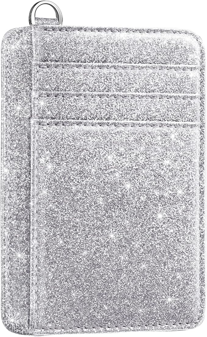 Coco Rossi Slim Front Pocket Wallet RFID ID Card Holder Cute Small Wallet with Keychian for Women,Silver Glitter