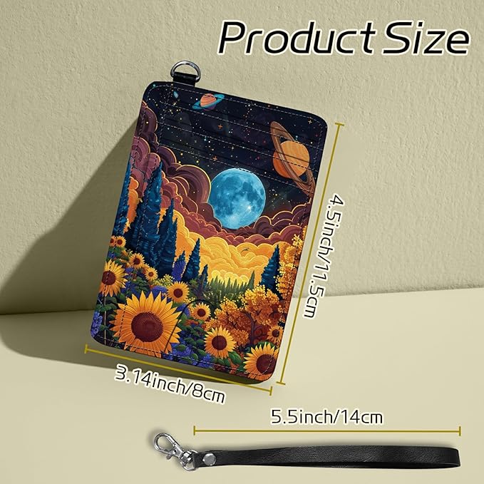 Small Travel Wallets, Starry Sunflowers Cosmic Planet Slim Minimalist Front Pocket Wallet with Wristlet, RFID Blocking PU Leather Credit Card Holder with ID Window Change Purse for Men Women
