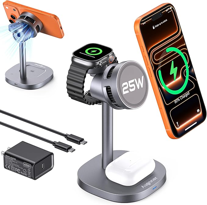 3 in 1 Wireless Charging Station, Qi2.2 25W Certified Fast Magnetic Charger, Mag-Safe Wireless Charger Stand with TEC Active Cooling, for iPhone17/16/15/14/13/12, Apple Watch/AirPods