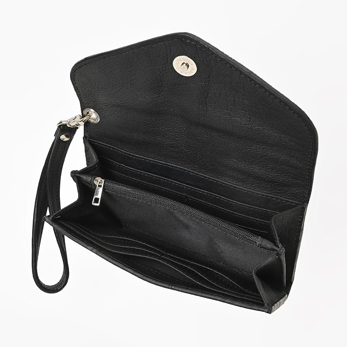 Merbaa Suede Leather Wallet for Women, Genuine Leather Wristlet Clutch with Magnetic Closure, Slim Organizer with Card Slots, Zip Coin Pocket & Compartments, Black