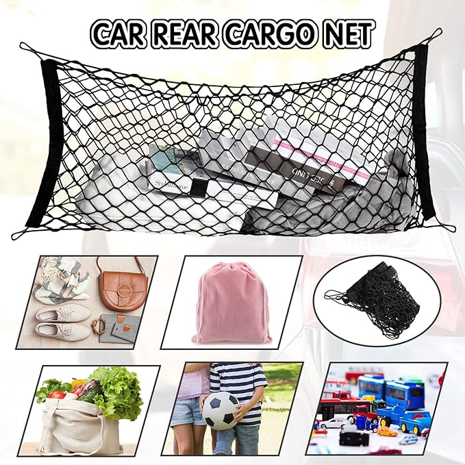 Tallew 2 Pcs Car Rear Cargo Net, Adjustable Elastic Mesh Cargo Net, 3 Pocket Heavy Duty Trunk Bed Storage Organizer, Universal for Car SUV Vehicle Pickup Truck with Accessories(35.4 x 15.7 inches)