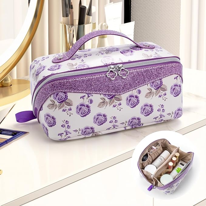 Mrsdry Travel Makeup Bag，Large-capacity waterproof cosmetic bag，Travel bags and toiletries bags for women，PU leather material，Multi-zone and large opening design (Purple flower)