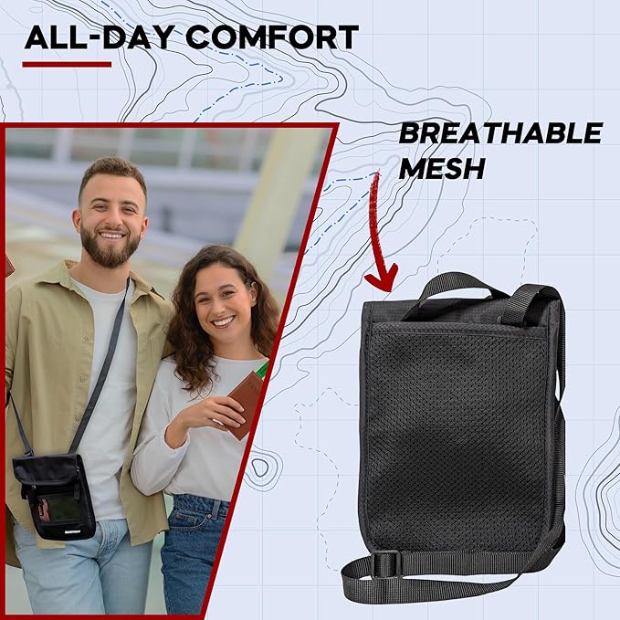 Travel Neck Wallet Passport Holder with RFID Blocking – Lightweight Pouch, Secure Organizer with 3 Zipper Pockets, ID Window, Adjustable Strap, Breathable Mesh Back – 8"x6" (Zipper Pocket Neck Wallet)