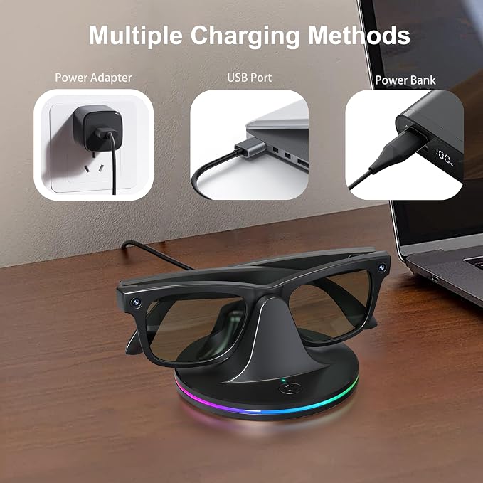 Charging Dock for Ray-Ban Meta Smart Glasses,Charging Station Compatible with Wayfarer, Skyler, Headliner & Oakley HSTN,Smart Glasses Accessories with LED Indicator,Ambient Lighting,Black