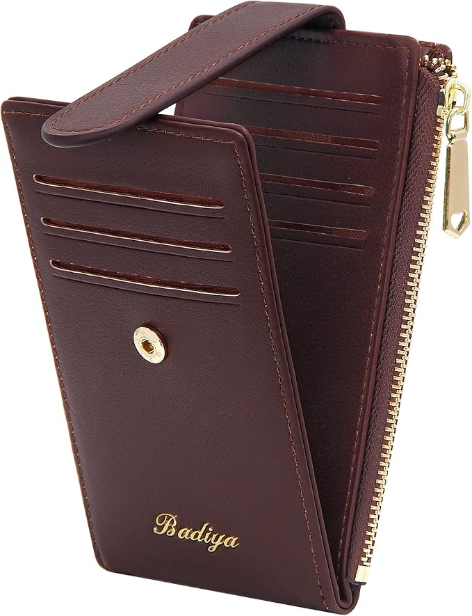 Badiya Slim Women Wallet RFID Blocking Bifold Compact 9 Card Slots Holder Wallets Soft Leather with Zipper Coin Pocket 2 ID Window