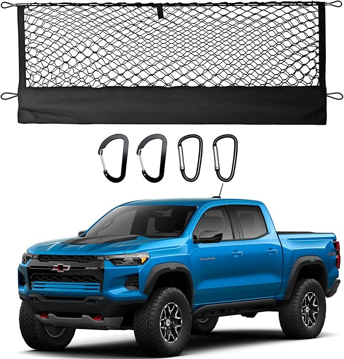 Truck Cargo Net for Chevy Colorado & GMC Canyon 2023-2025 Accessories, Envelope Style Pickup Cargo Net with Storage Bag, Heavy Duty Elastic Mesh Organizer with Carabiners, Secures Groceries & Gear