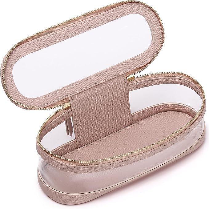 Pinkmik Makeup Brush Case Clear Travel Cosmetic & Toiletry Bag Slim Makeup Bag with Zipper Small Purse Organizer Car Essential Bag for Women (Pink, SLIM L)