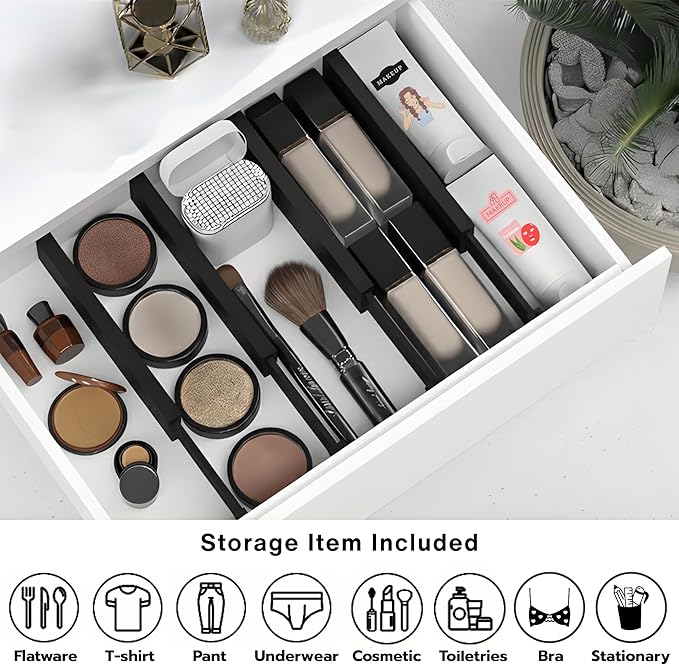 6 Pack Drawer Divider - 2.6" High, 11" to 18" Adjustable Bamboo Drawer Organizers for Clothes, Expandable Dresser Separators in Bedroom/Bathroom/Kitchen/Office Organization and Storage (Black)