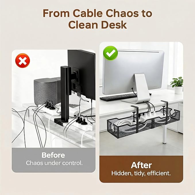Upgraded 25.2'' Under Desk Cable Management Tray, No Drill Clamp-On Design Wire Organizer, Cable Organization Box for No Damage to Desk, Metal Cord Organizer for Home Office, Black