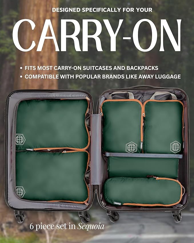 Compression Packing Cubes for Travel, 6-Piece Lightweight Packing Cubes Set for Carry-On Luggage & Backpacks – TRIPPED Travel Gear (Green and Brown)