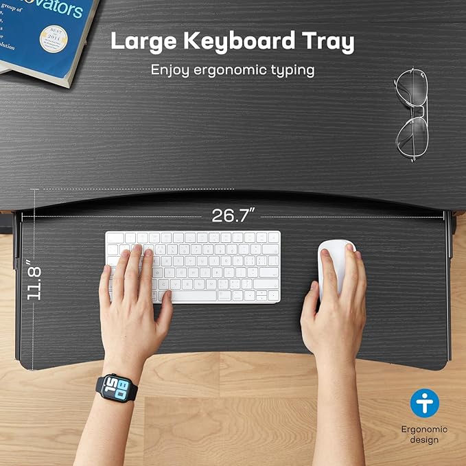 HUANUO 55" x 26" Electric Standing Desk with 2 Drawers & 26.7" Large Keyboard Tray, C-Clamp Mount Compatible, Adjustable Computer Desk for Home Office, Stand Up Desk with 4 Height Presets, Black