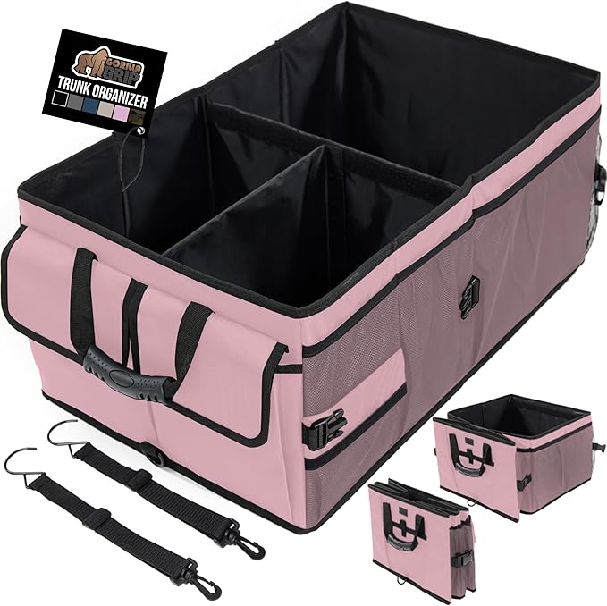 GORILLA GRIP Large Capacity Sturdy Trunk Storage Organizer, Slip and Water Resistant Collapsible Organization Container for Car Sedan or SUV, Multi Compartment Box Vehicle Accessories, Pink