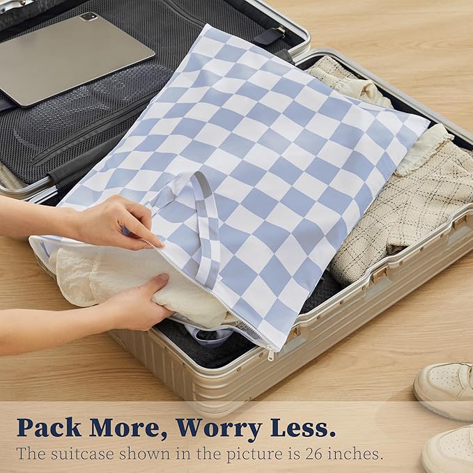 Ohocut Checkered 2 Pcs Large Travel Laundry Bags for Dirty Clothes, Aesthetic Trendy Waterproof Washable Laundry Bag with Handle for Travel, Gym, Swimming Pool, Blue