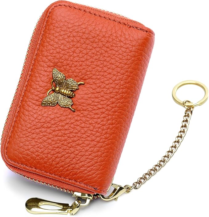 imeetu RFID Credit Card Holder for Women Genuine Leather Card Case Wallet with Zipper and Removable Keychain (Orange)