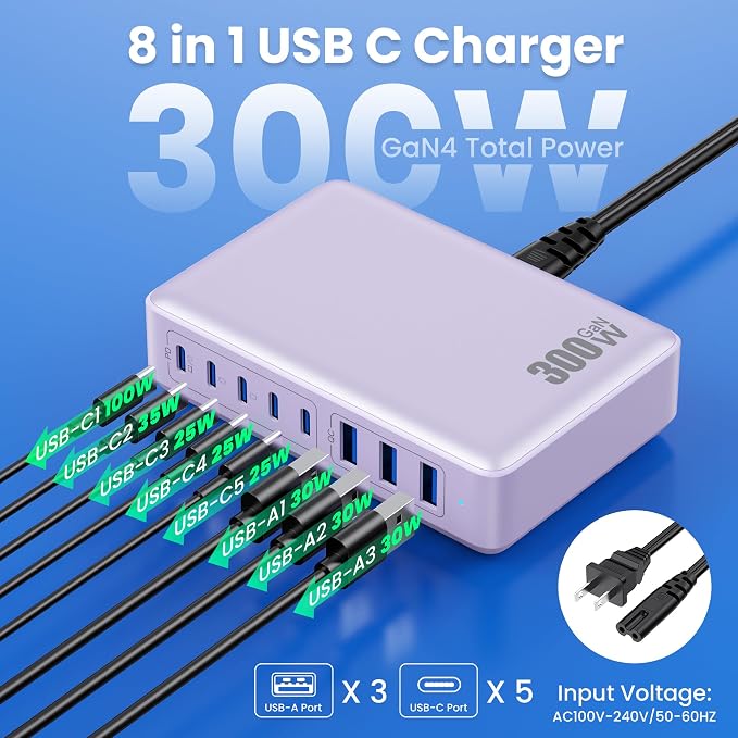 USB C Charger 300W USB C Charger Block, 8-Ports GaN IV Fast Charging Station Hub,PD 100W Laptop Charger Adapter,for MacBook Pro/Air/iPad/iPhone16/15/14/Apple Watch/DELL/Samsung for Home Office