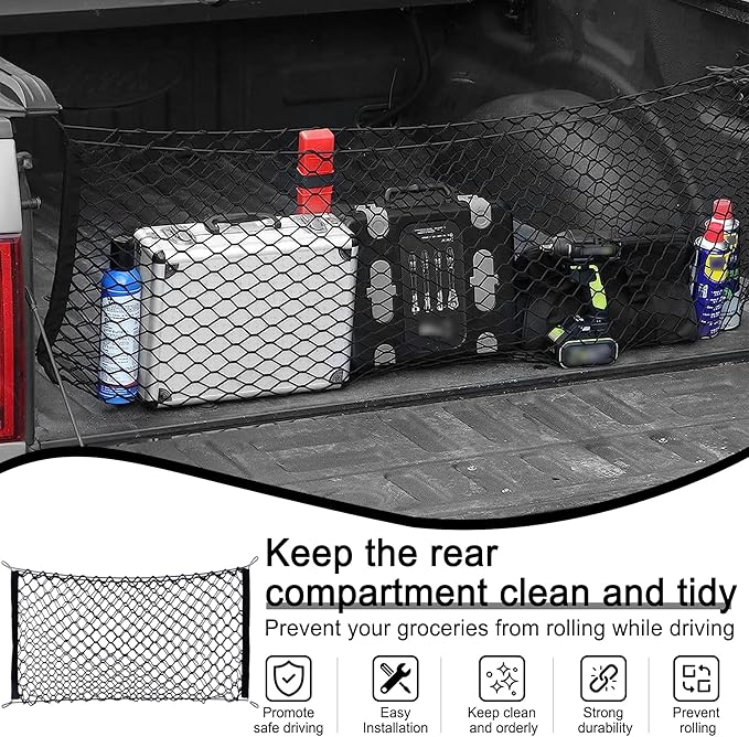 Amiss 2 Packs Cargo Net Stretchable, Adjustable Trunk Storage Net with Hook, Accessories for Pickup Bed Divider Organizer and Storage, Compatible with Chevy Silverado Ford F150 GMC (50"x 18")