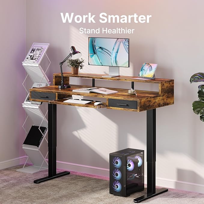 HUANUO 48″ x 26″ Electric Standing Desk with 2 Drawers &24.4″ Large Keyboard Tray, C-Clamp Mount Compatible, Adjustable Computer Desk for Office, Sit Stand Up Desk with 4 Height Presets, Vintage Brown