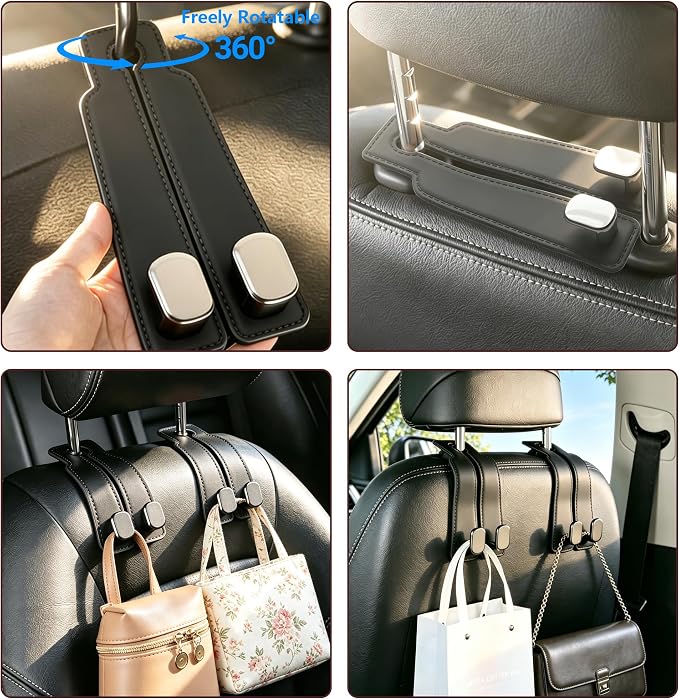 2 Pack Car Hooks for Headrest, Car Purse Hook Seat Back Hanger Storage Organizer, Multifunctional Car Hanger & Holder for Heatrest, Seat, Bag, Purse