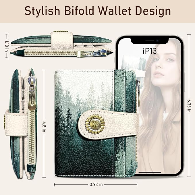 Kelvoris Forest Tree Small Rfid Women Wallet Bifold Zipper Coin Pocket PU Leather Compact Cash Credit Card Holder Travel Wallet for Female Ladies Teen Girls 1 ID Window 10 Card Slots