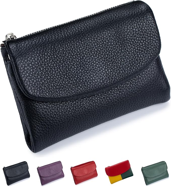 Nsciyise Premium Leather Wallet for Women, Black | Multi-Slot Card Holder, RFID Blocking Protection, ID Window, Zipper Coin Purse, Trifold Genuine Cowhide