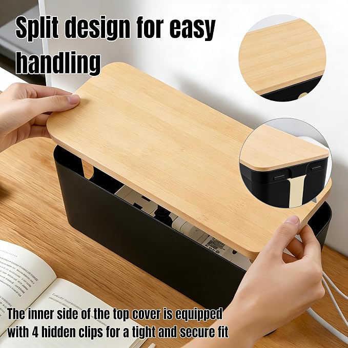 1 Large + 1 Small Cable Management Box Set – 2-Piece Cord Organizer Box, Home Office Desk Wire Storage & Cable Management Solution (Bamboo Lid/Black)