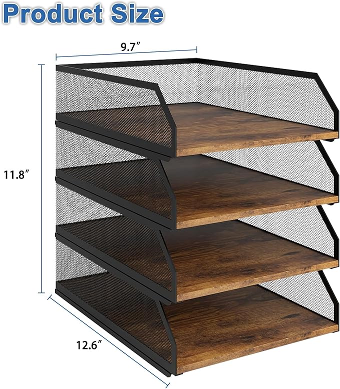 Natwind 4-Tier Stackable Metal Mesh Paper Organizer with Sliding Tray,Retro | Wooden Desk Organizer, Letter Tray For Desktop,File Holder For Home Office School Classroom Organization