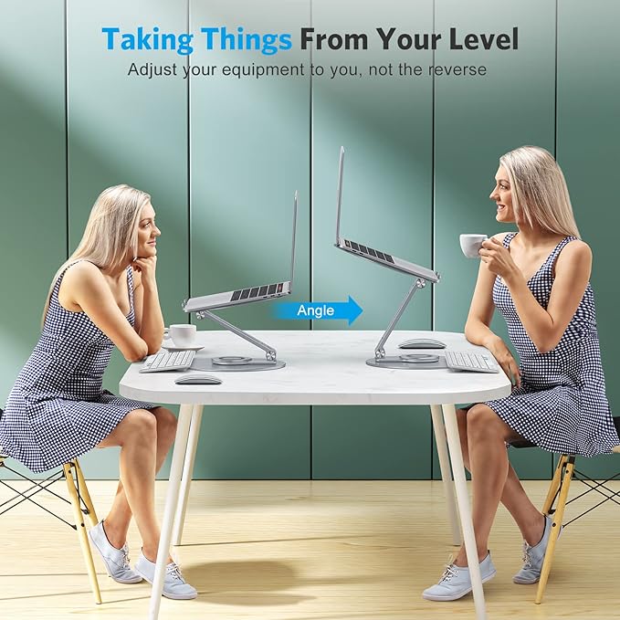 OMOTON Adjustable Laptop Stand with 360 Rotating Base, Ergonomic Laptop Riser for Collaborative Work, Dual Rotary Shaft Fully Foldable for Easy Storage, Fits All Laptops up to 16 inches, CoolGrey