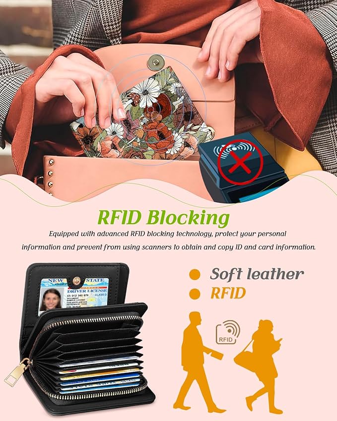 Bistup Credit Card Holder Wallet for Women Cute Leather Ladies Teen Girls Female Cardholder Wallets Accordion Purse Small Medium Aesthetic Print Mushroom Flower Unique Modern Design Rfid Zipper Around