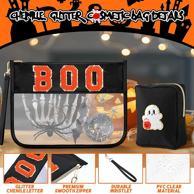 Hillban 2 Pcs Summer Halloween Gifts Chenille Letter Bags Boo Patch Makeup Bag Spooky Pumpkin Flat Clear Pouch PVC Organizer Purse Waterproof Travel Cosmetic Bag Portable Storage Case for Women