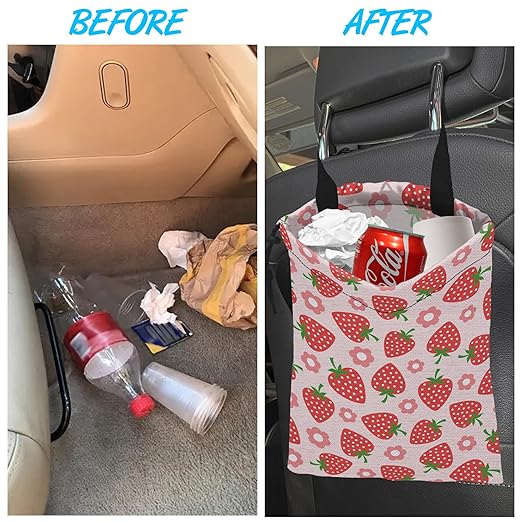 Car Trash Bag Strawberry Flower Car Garbage Bag Hanging Car Trash Can for Back Seat with Drawstring