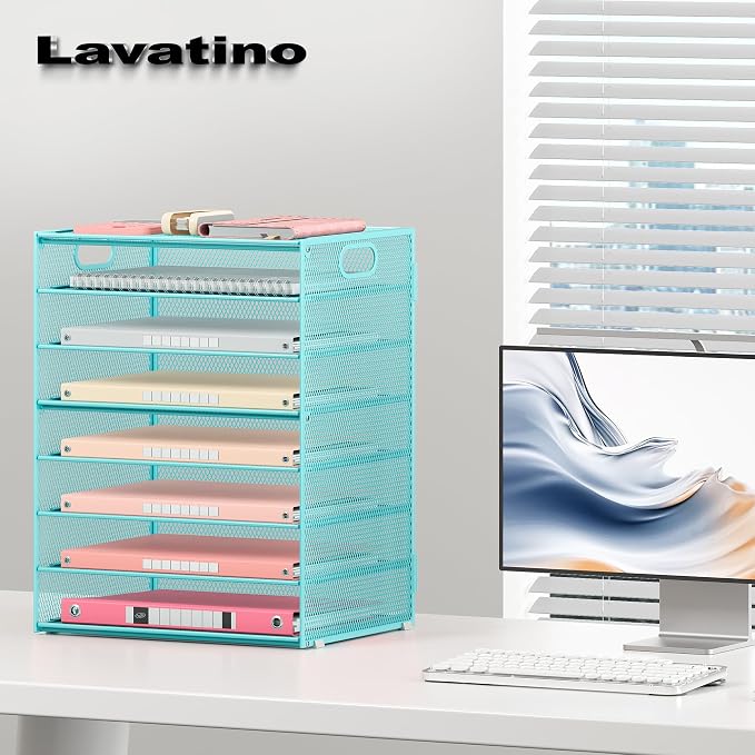 Lavatino 2 Pack 8-Tier Office Desk File Organizer, Letter Tray Paper Organizer with Handle, Including 5 Adjustable Slide Trays for Organizing Desk Workspace Accessories and Supplies (Blue Metal Mesh)
