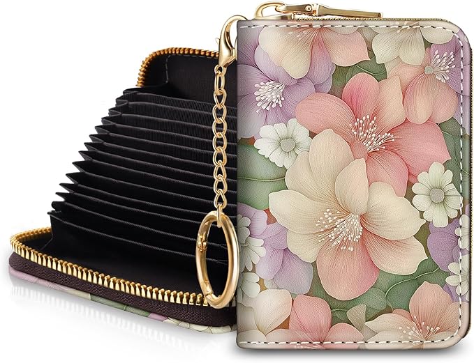 Blusabaca Flower Floral Credit Card Holder for Women, Small RFID Wallet with Zipper, Card Keychain Wallet, Leather Wallet Card Case, Business Blocking Accordion Wallet Gift