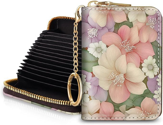 Blusabaca Flower Floral Credit Card Holder for Women, Small RFID Wallet with Zipper, Card Keychain Wallet, Leather Wallet Card Case, Business Blocking Accordion Wallet Gift