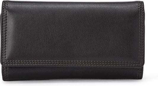 Amazon Essentials Women's Long Flap Continental Leather Wallet with Snap Closure, Dark Brown, One Size