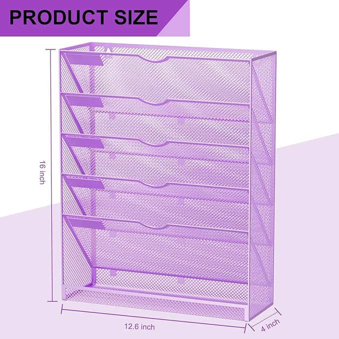 Hanging Wall File Organizer 6 Tier Wall Mounted Mail Paper Folder Holder Document Organization Stand, Vertical Desk Magazine Rack for Office Home Cubicle Countertop, Light Purple