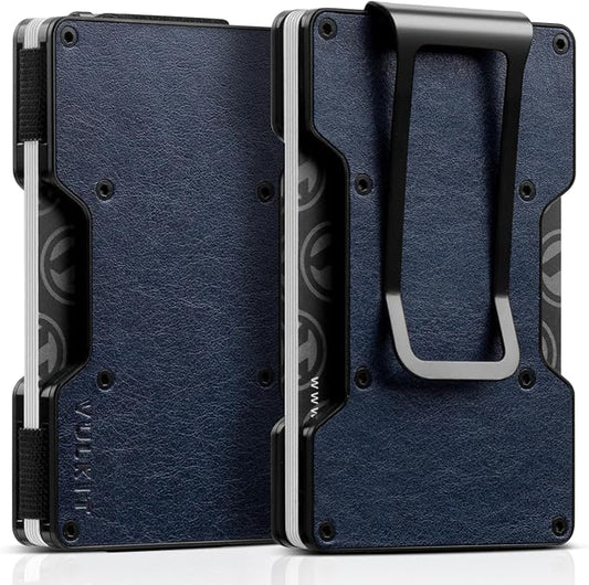 VULKIT Men's Metal Wallet with Money Clip Slim Credit Card Holder, Minimalist Business Card Case Front Pocket Wallet for Men(Retro Navy)