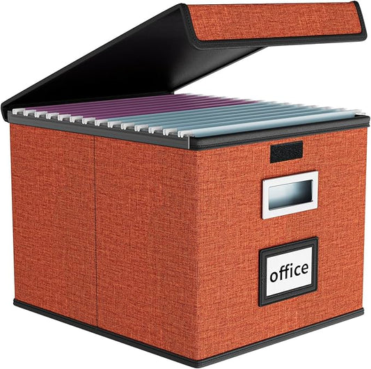 File Organizer Box with Lid, Collapsible File Folder Organizer for Office Document Storage, Filing Box with Plastic Slide for Letter Size Hanging File Folders(1 Pack, Reddish Organge)