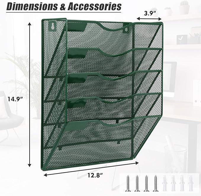 EASEPRES 5 Pocket Mesh Hanging File Organizer, Wall Mounted Mail Paper Document Folder Holder, Clipboard Storage Organization Magazine Rack with Nametag Label for Office Home School, Dark Green