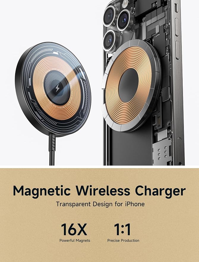JSAUX Charger for iPhone 17 Magsafe Wireless Charging, Compatible with iPhone 17 Air Pro Max/16/15/14/13/12 Series, Magnetic Mag Safe Charging Pad, Aluminum Alloy, USB & USB C Dual Ports (Clear-Black)