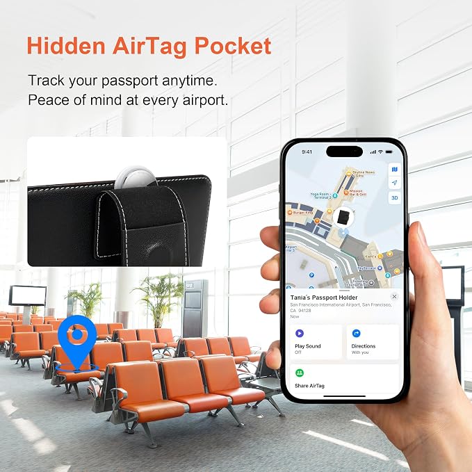 Passport Holder with Hidden AirTag Slot - RFID Blocking Leather Travel Wallet for Men & Women, Slim Anti-Loss Organizer