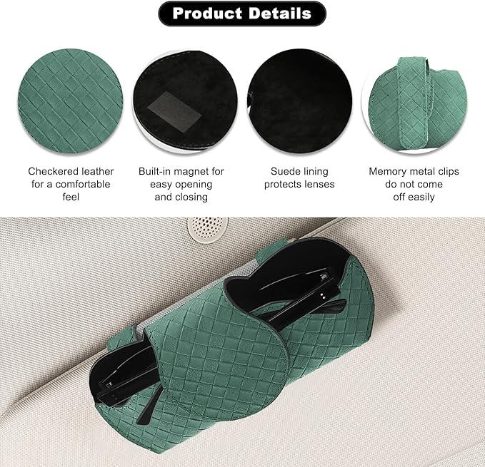 Sunglasses Holder for Car Visor, Auto Soft Leather Glasses Case with Magnetic Clips, Car Sun Visor Eyeglasses Holder Protective Box, Universal Interior Car Accessories (Green)