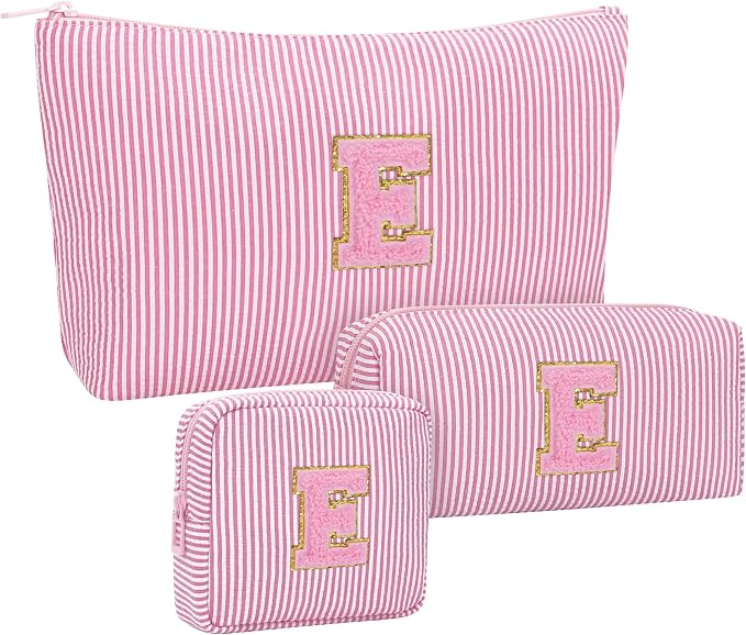 MONSTINA Personalized Initial Makeup Bag for Women,Monogram Make Up Case for Girlfriend Bridesmaid Wife,Birthday Gift for Her Cute Toiletry Bag,3PCS,Pink E